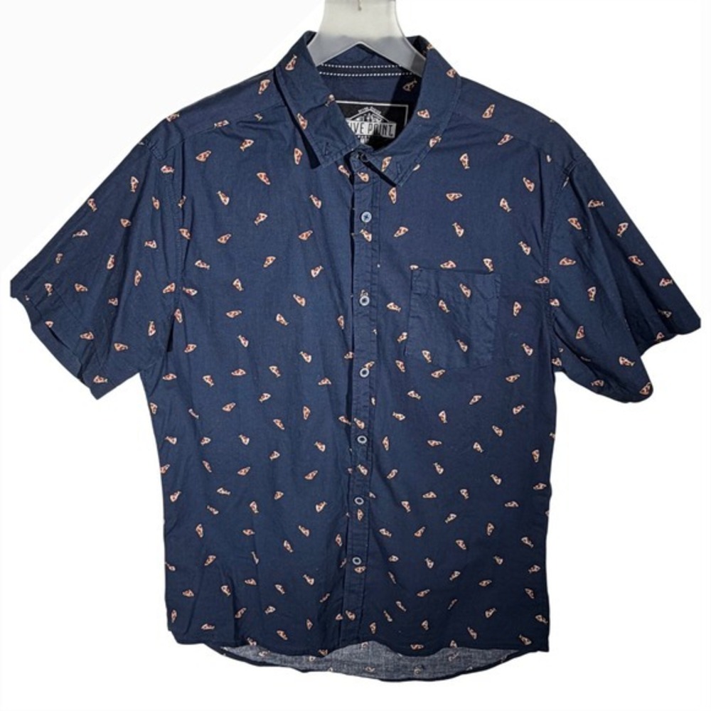 Five Point Industries Mens Navy Pizza Slice Print Short Sleeve Button Down Large